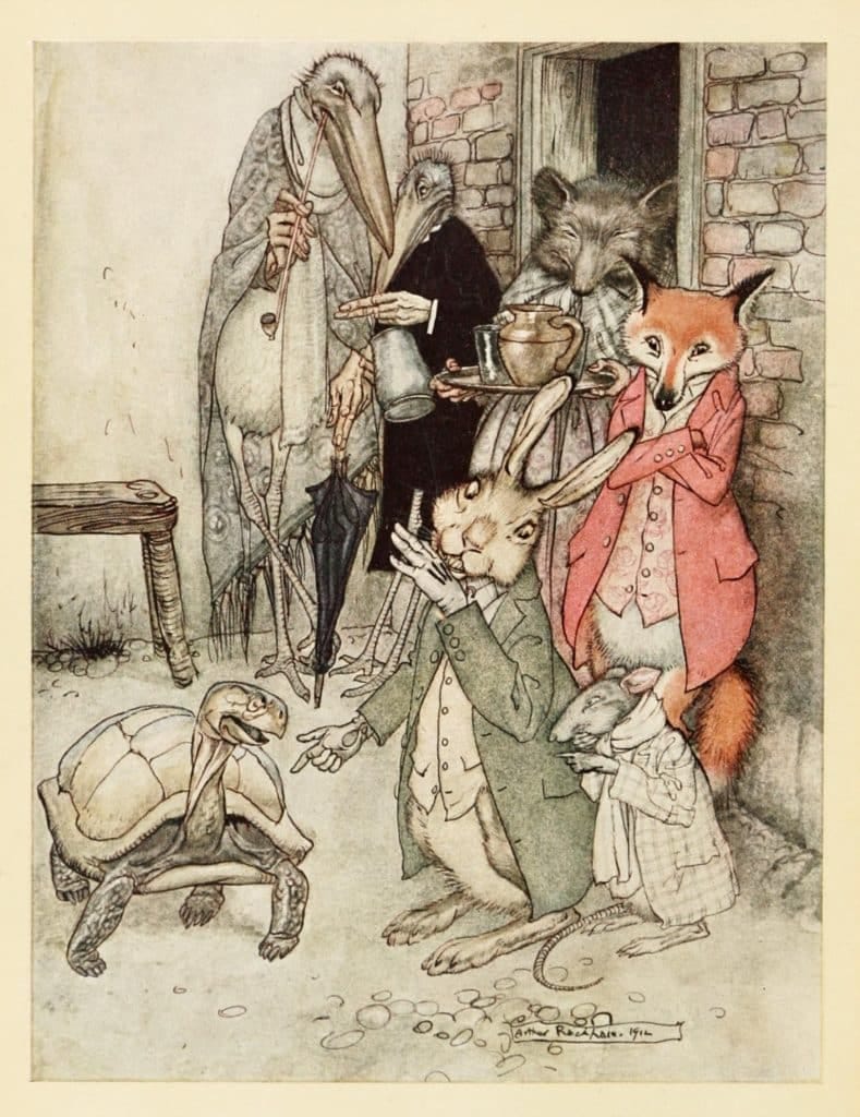 由亞瑟·拉克姆繪製的《龜兔賽跑》插畫，1912年。